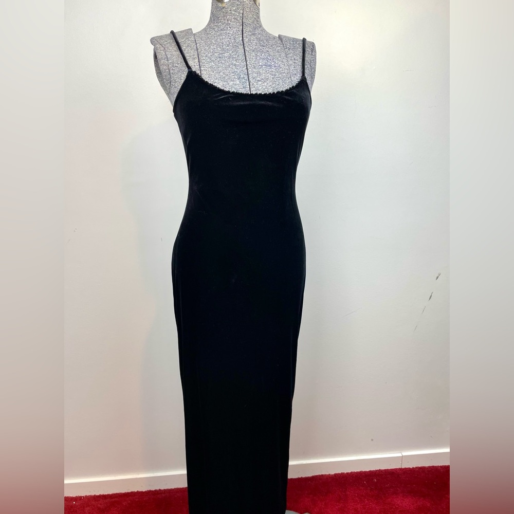 Vintage 90s Velvet Maxi Slip Dress Black Size 11 12 Small Strap Sewing Repair